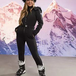 ASOS 4505 ski fitted belted ski suit with fur faux hood size 4